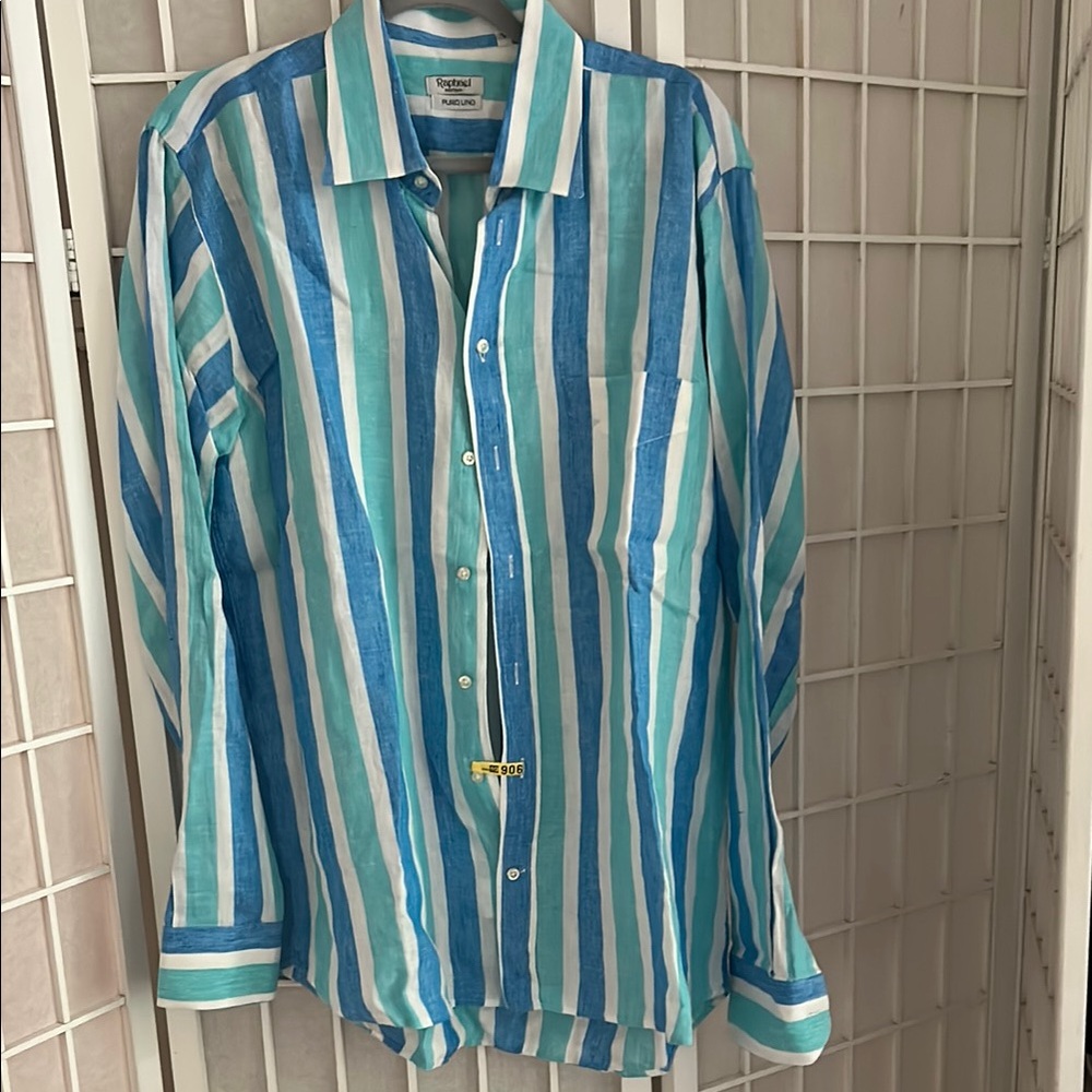 Raphael Positano Blue & White Casual Linen Button Down Shirt w/ Vertical…